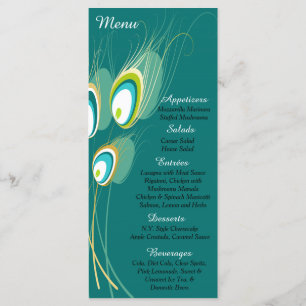 25 tarjetas de menú de plumas de pavo real azul