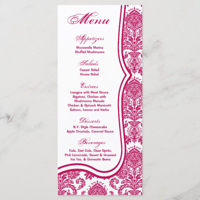 25 tarjetas de menú Fusia White Damask Lace Print  (Anverso)
