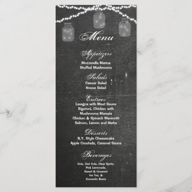 25 tarjetas de menú Mason Jar String Lights Chalk  (Anverso)