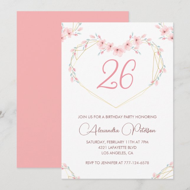 26 años invitaciones Boho Floral Pink (Anverso / Reverso)