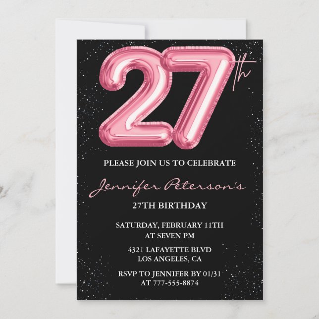 27 invitaciones de cumpleaños Globo rosa Glam Blac (Anverso)