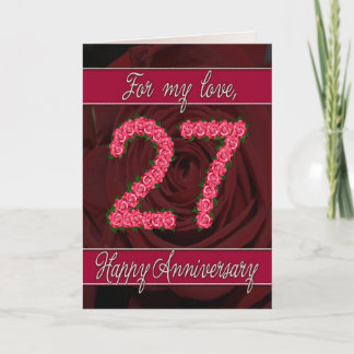 27ma tarjeta del aniversario con los rosas y las