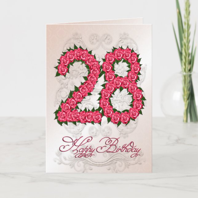 28.ª tarjeta de cumpleaños con rosas y hojas (Anverso)