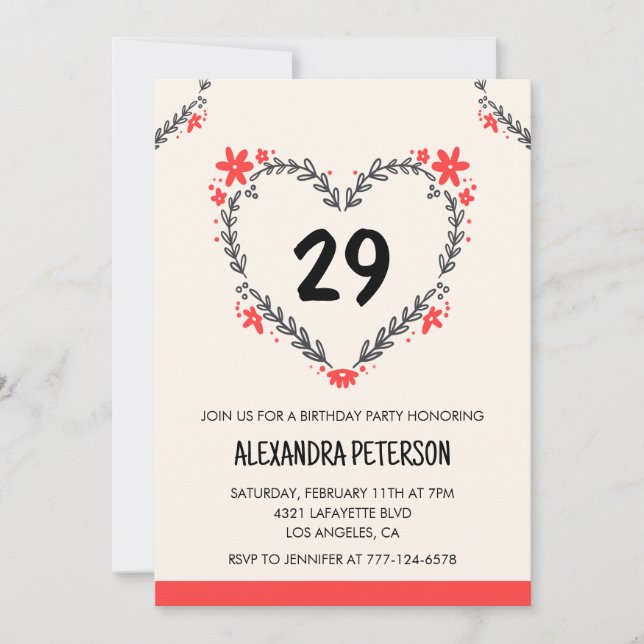 29 invitaciones de cumpleaños para su corazón flor (Anverso)