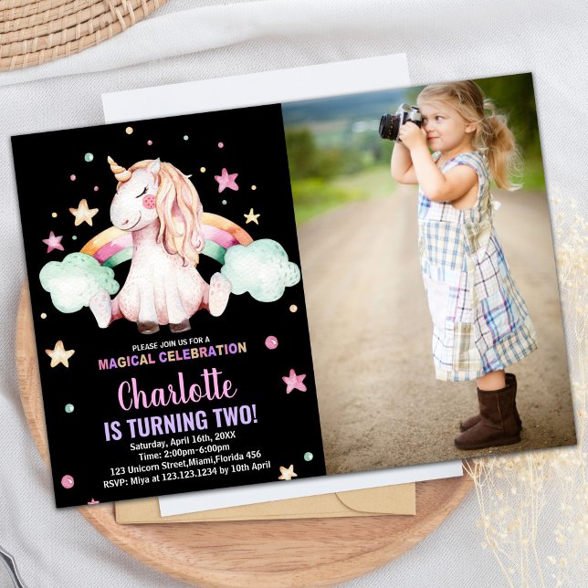 2.ª foto negra de unicornio invitaciones de cumple (2nd Black Photo Unicorn Birthday Invitations)