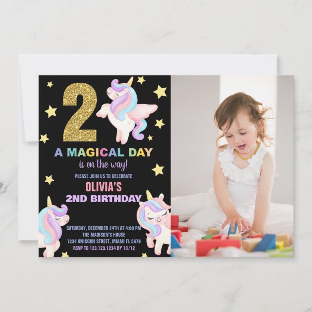 2.ª invitación a cumpleaños de Rainbow Unicorn con (Anverso)