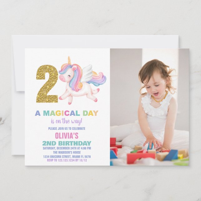 2.ª invitación a cumpleaños de Rainbow Unicorn con (Anverso)