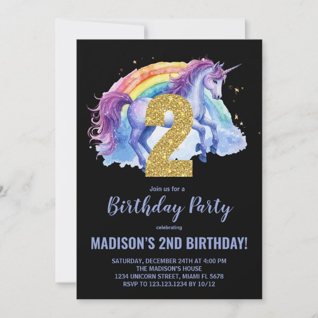 2.ª invitación de cumpleaños de Rainbow Unicorn (Anverso)