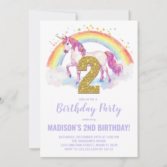 2.ª invitación de cumpleaños de Rainbow Unicorn (Anverso)