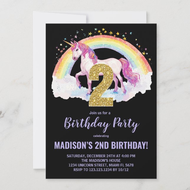 2.ª invitación de cumpleaños de Rainbow Unicorn (Anverso)