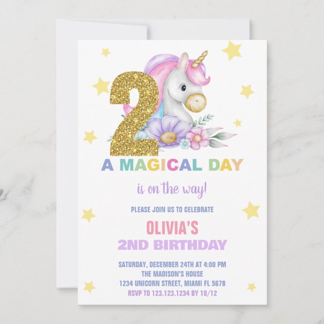 2.ª Invitación de cumpleaños de Unicornio floral (Anverso)