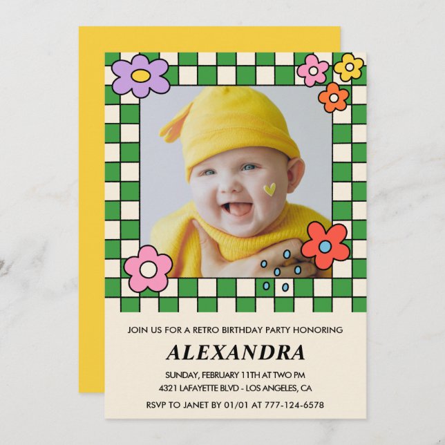 2.ª invitación para el cumpleaños Retro Groovy Flo (Anverso / Reverso)