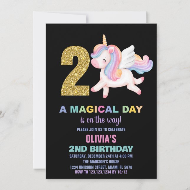 2.ª unicornio arcoiris invitaciones de cumpleaños  (Anverso)