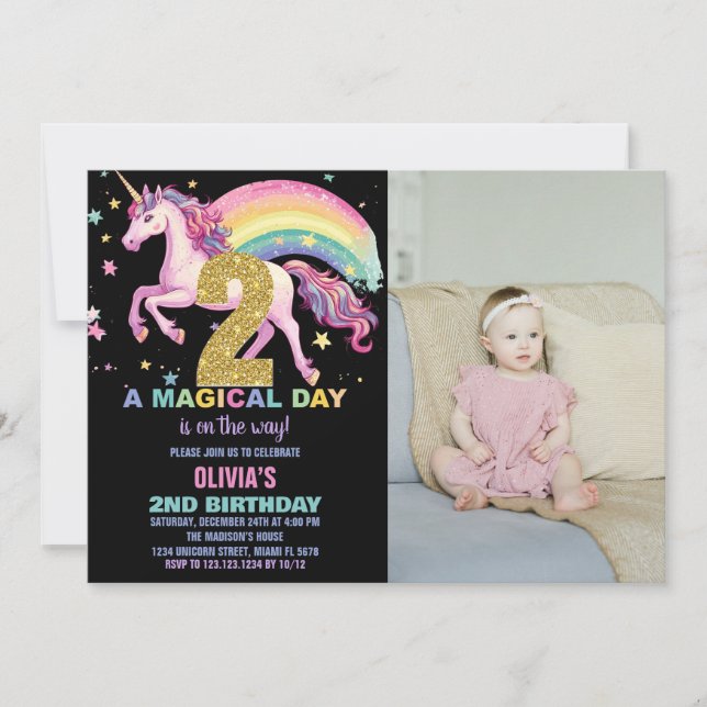 2.ª unicornio invitaciones de cumpleaños foto en n (Anverso)