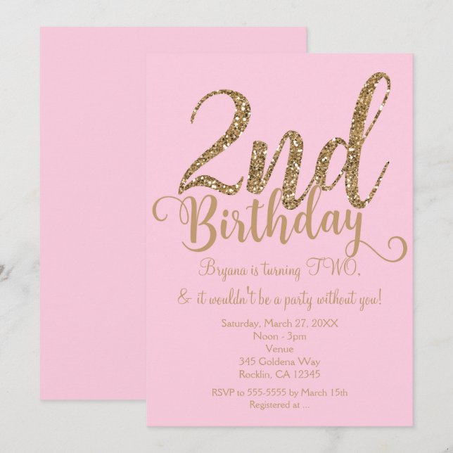 2.º CUMPLEAÑOS 2 Invitaciones para Fiesta Rosa y O (Anverso / Reverso)