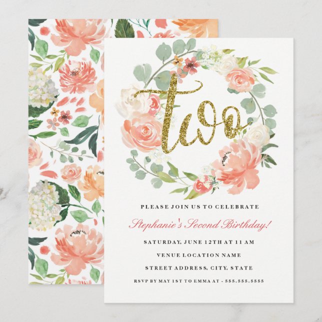 2.º cumpleaños Invitación a la flor dorada rosada (Anverso / Reverso)
