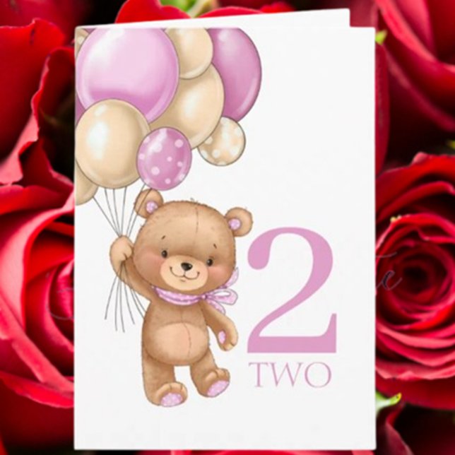 2.º cumpleaños lindo globos rosados chica tarjeta  (Celebrate her 2nd birthday with a cute pink balloons and teddy card)