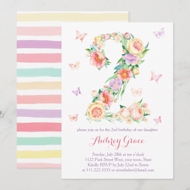 2.º cumpleaños Mariposa Jardín Fiesta tarjetas de  (Anverso / Reverso)