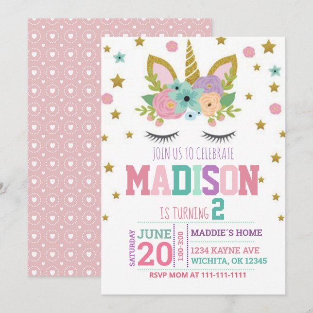 2.º CUMPLEAÑOS PLANTILLA DE INVITACIÓN UNICORN (Anverso / Reverso)