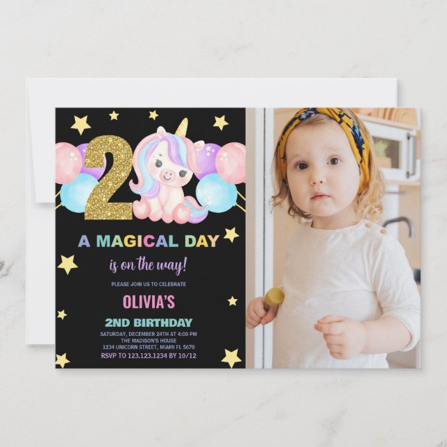 2.º cumpleaños Unicornio, foto de invitaciones de  (Anverso)