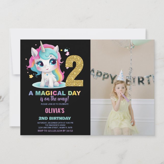 2.º cumpleaños Unicornio, foto de invitaciones de  (Anverso)