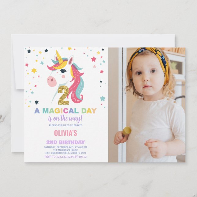 2.º cumpleaños Unicornio, foto de invitaciones de  (Anverso)