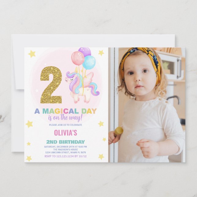 2.º cumpleaños Unicornio, foto de invitaciones de  (Anverso)