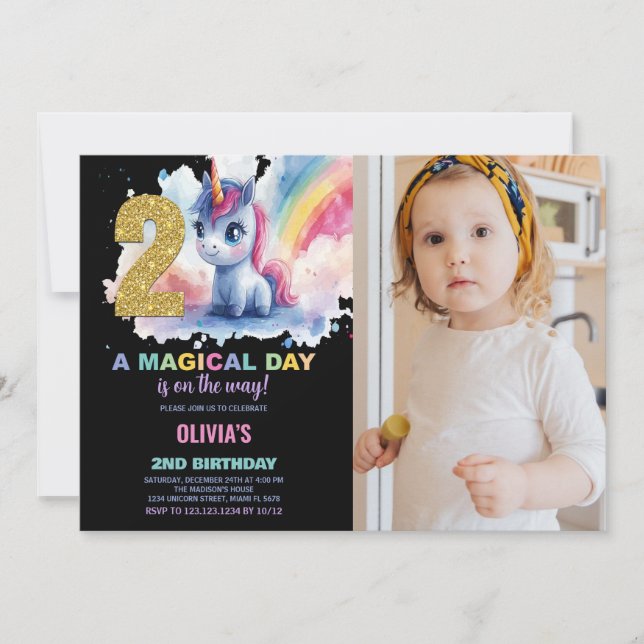2.º cumpleaños Unicornio, foto de invitaciones de  (Anverso)