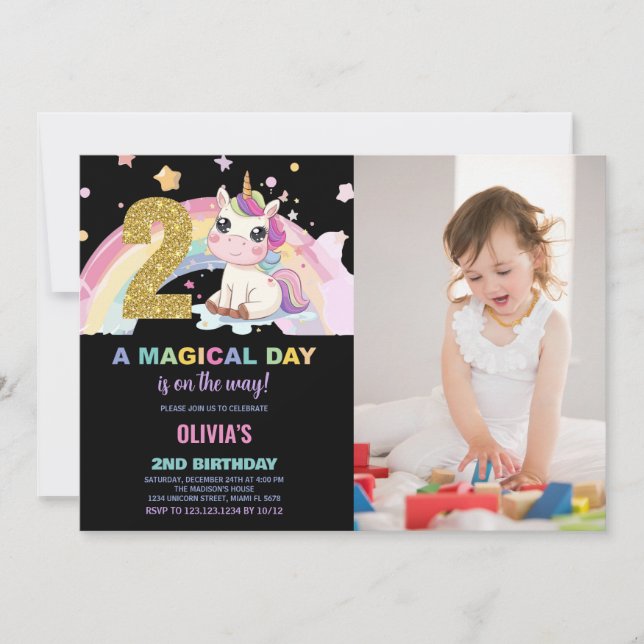 2.º cumpleaños Unicornio, foto de invitaciones de  (Anverso)