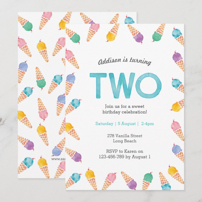 2.º Fiesta de cumpleaños | Invitación a helados de (Anverso / Reverso)