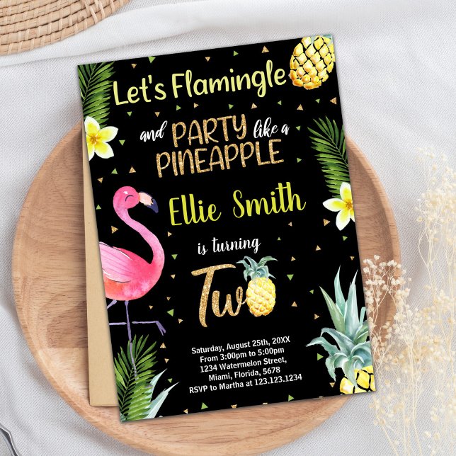 2.º Purpurina negro invitaciones a la piña Flaming (2nd Black Glitter Flamingo Pineapple Invitations)