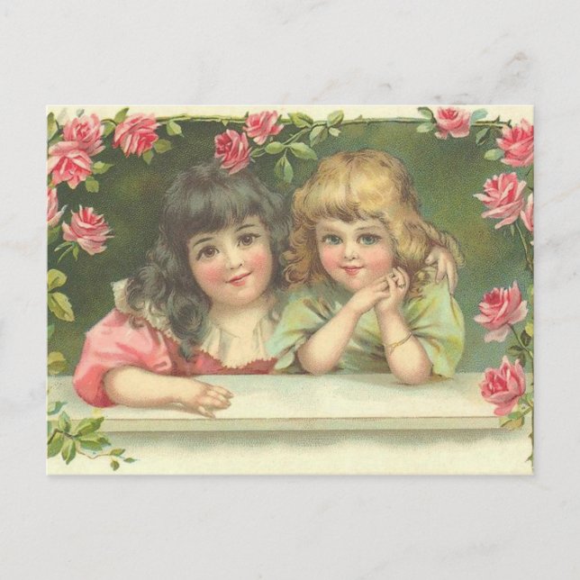2 Chicas victorianos con postal de época rosa rosa (Anverso)