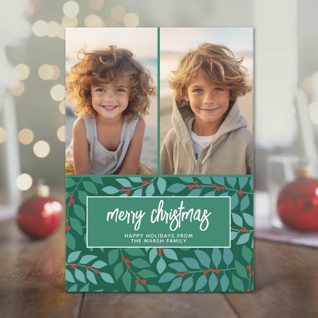 2 Collage de Fotos - Feliz Navidad Botánico (Modern Holiday Greeting with 2 Photos)