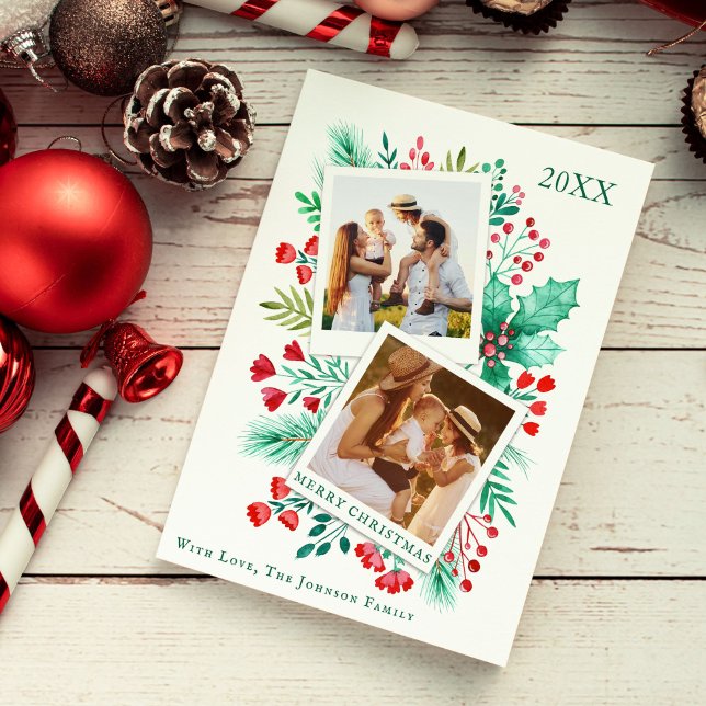 2 Foliage de la tarjeta de Navidades de la familia (2 Photo Family Christmas Card Watercolor Foliage)