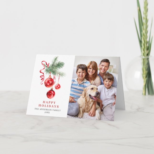 2 FOTO Adorno Rojo Elegante Tarjeta de Navidad (Anverso)