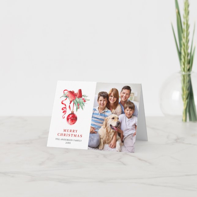 2 FOTO Adorno Rojo Elegante Tarjeta de Navidad (Anverso)