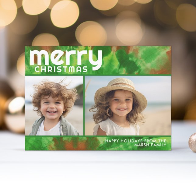 2 Foto: Feliz Navidad - Verde Rojo de tinte (A funky tie dye design with 2 Christmas photos. Online and download options available.)