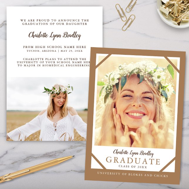 2 Foto Invitación moderna de graduación Minimalist (Modern beige taupe graduation announcment with 2 photos and simple trendy script with typography)