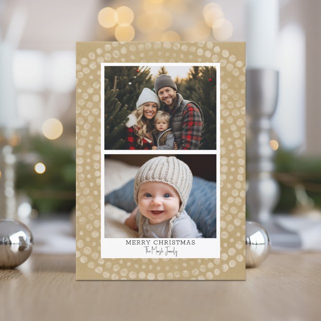 2 Foto: Moderno patrón de Punto Boho Feliz Navidad (Online Christmas Card with 2 Photos and a Modern Boho Gold Dot Pattern - Print and Download Options)