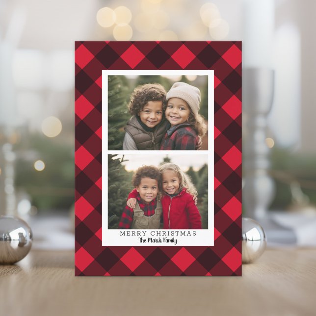2 Foto Red Black Buffalo plaid - Feliz Navidad (Photo Christmas Card)