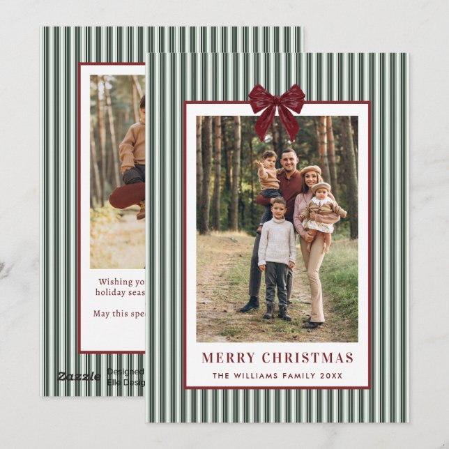 2 Foto Retro Navidad Lazo Rojo Verde Rayado (Anverso / Reverso)