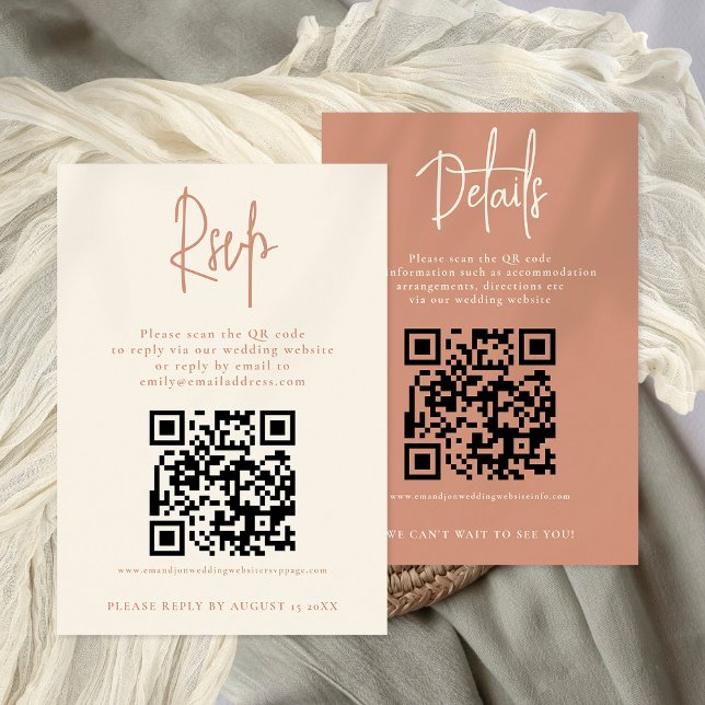 2 QRs Tarjeta RSVP de detalles del Boda de crema d (Front and back view. Combined  RSVP and Details. 2 QR codes. Available digitally or printed)