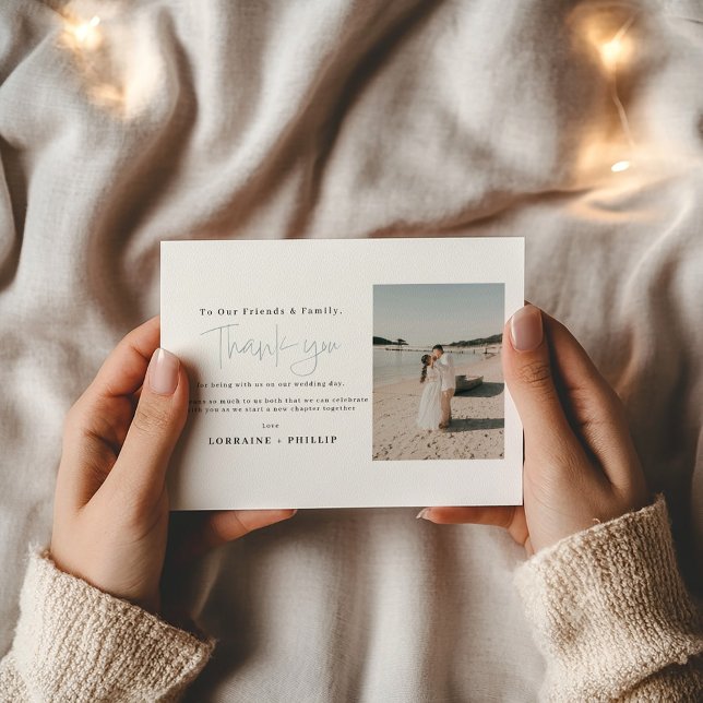 2 tarjeta de agradecimiento del boda de fotos (Beach wedding thank you card with elegant script and personal photo)