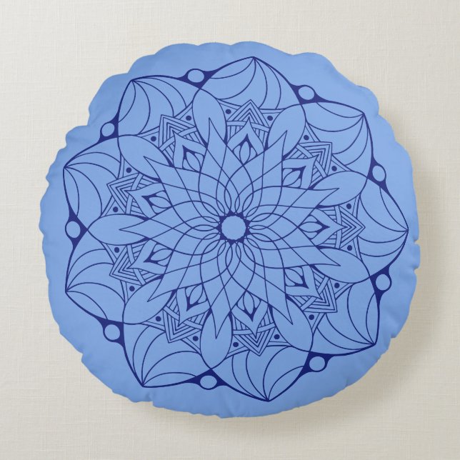 2 Tone Blue Mandala Cojín decorativo Redondo Para  (Anverso)