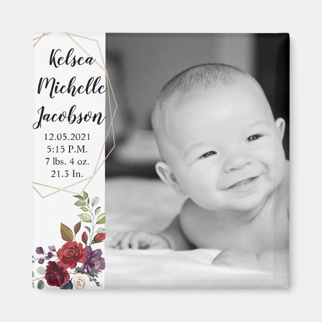 2"x2" Anuncio de nacimiento Imán blanco rosas oro  (Frente)
