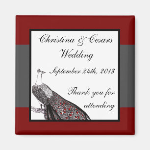 2"x2" Invitación imán Peacock rojo negro blanco
