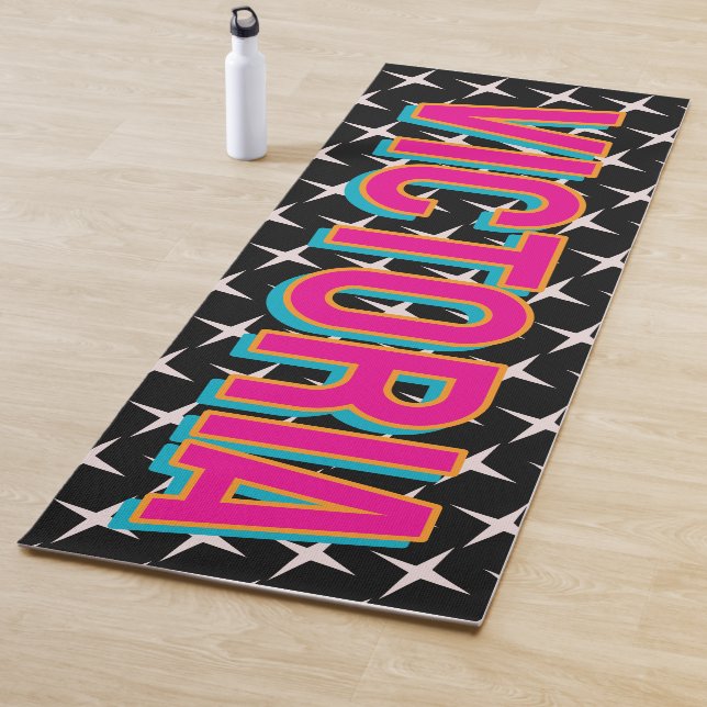 2D Retro Stars Pink Blue Name Yoga Mat (In situ)