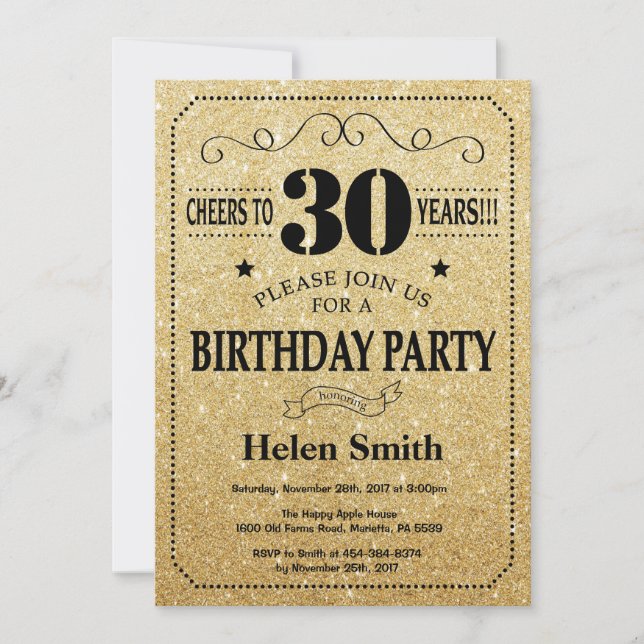 30.ª invitación a cumpleaños Purpurina negro y oro (Anverso)