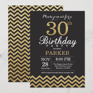 30.ª invitación a cumpleaños Purpurina negro y oro