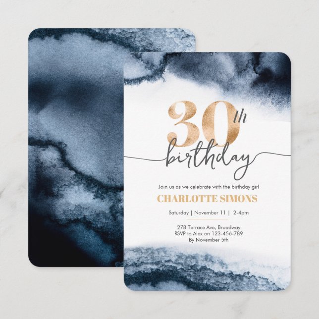 30.ª invitación de cumpleaños acuarela marina y or (Anverso / Reverso)